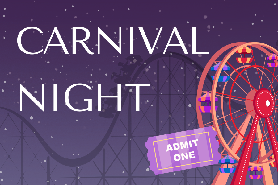 Image depicting our Carnival Night signage in purple and red colors. Click on the image to open the link to our special event webpage.