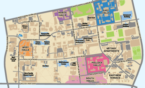 map of University Park campus, highlighting the 5 housing areas where first-year students live