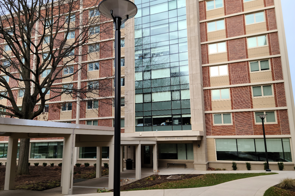 Snyder Hall exterior building showing entry door and 7-stories
