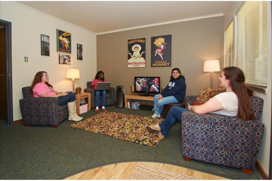 lounge with students talking 