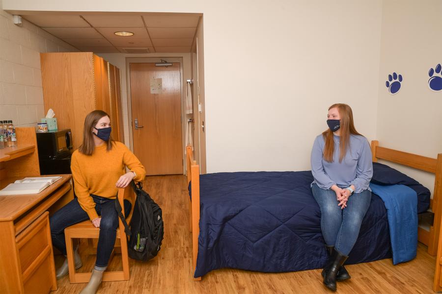 Students in Ohio Hall double room - view of door