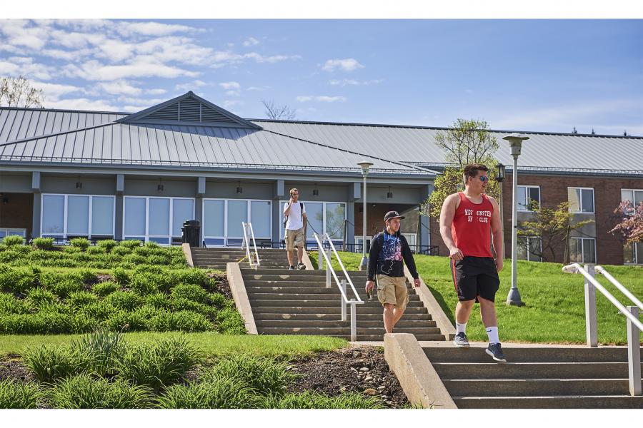 Students walking down the stairs from Lawrence, Niagara, and Perry