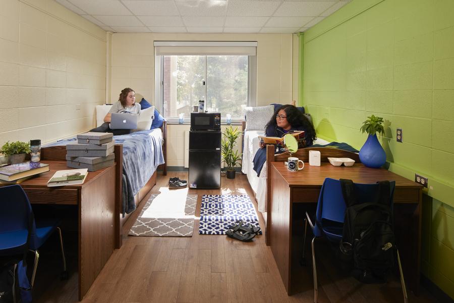 Two female students in a double room in McKeesport Hall