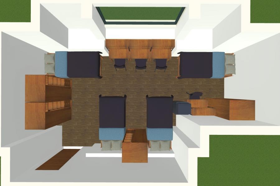 Overhead room diagram showing layout of beds and dressers