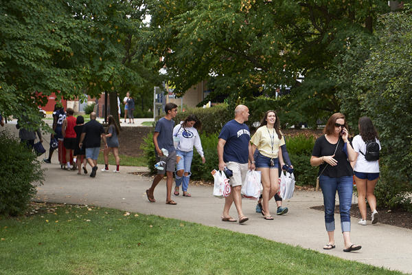 Students walking on a tree lined path