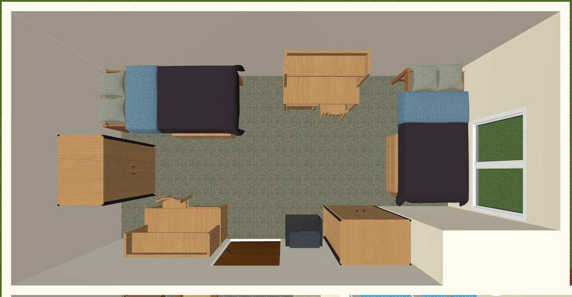 overhead view of double room showing placement of beds, desks, closet, door and window