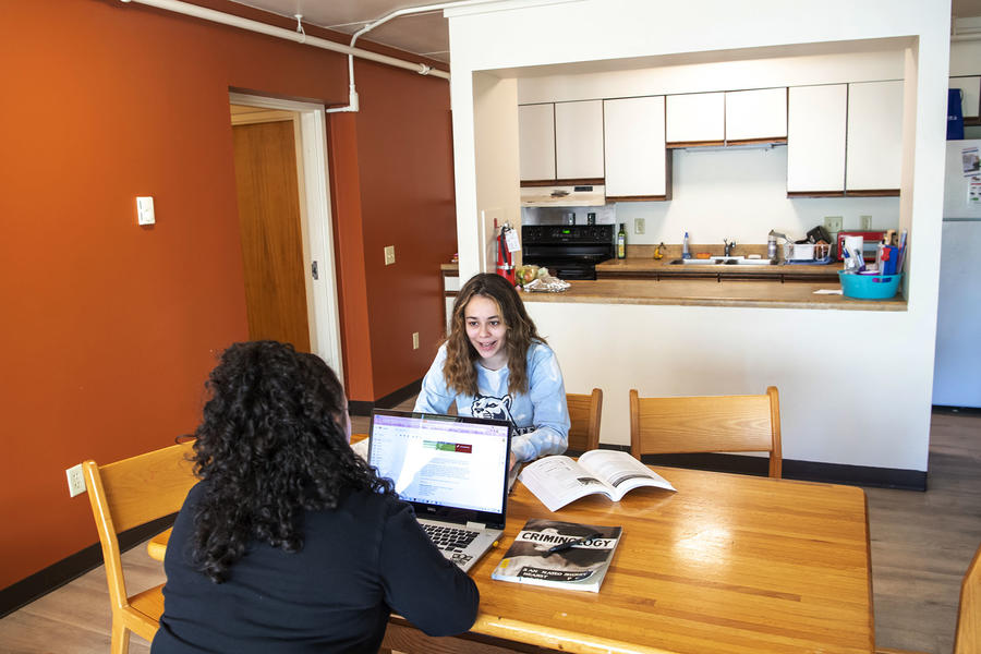 Interior image of the kitchen and dining at the Nittany Apartments 