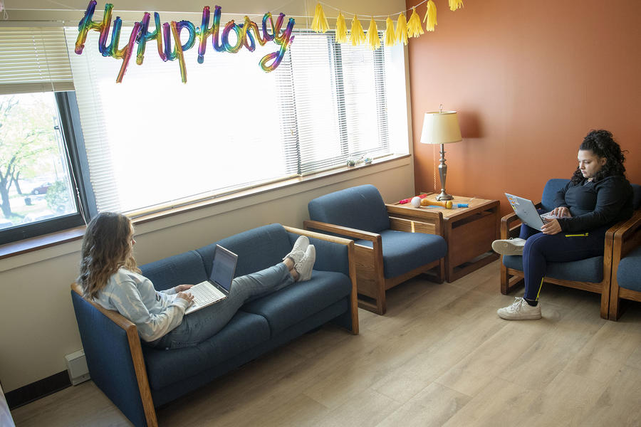 Interior image of the living room at the Nittany Apartments 
