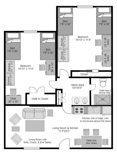 Floor Plan and layout of a apartment in Nittany I