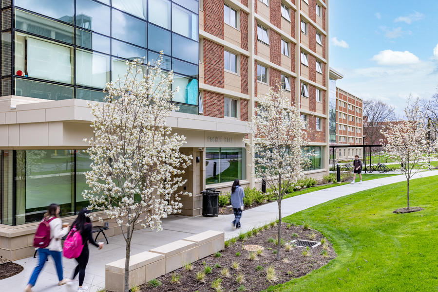 Packer Hall exterior with students