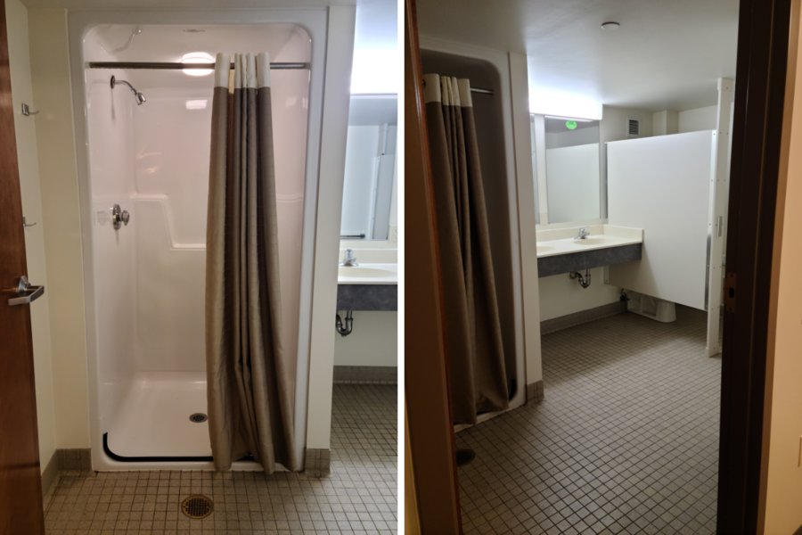 North Halls suite bathroom showing shower, sink, and toilet stall