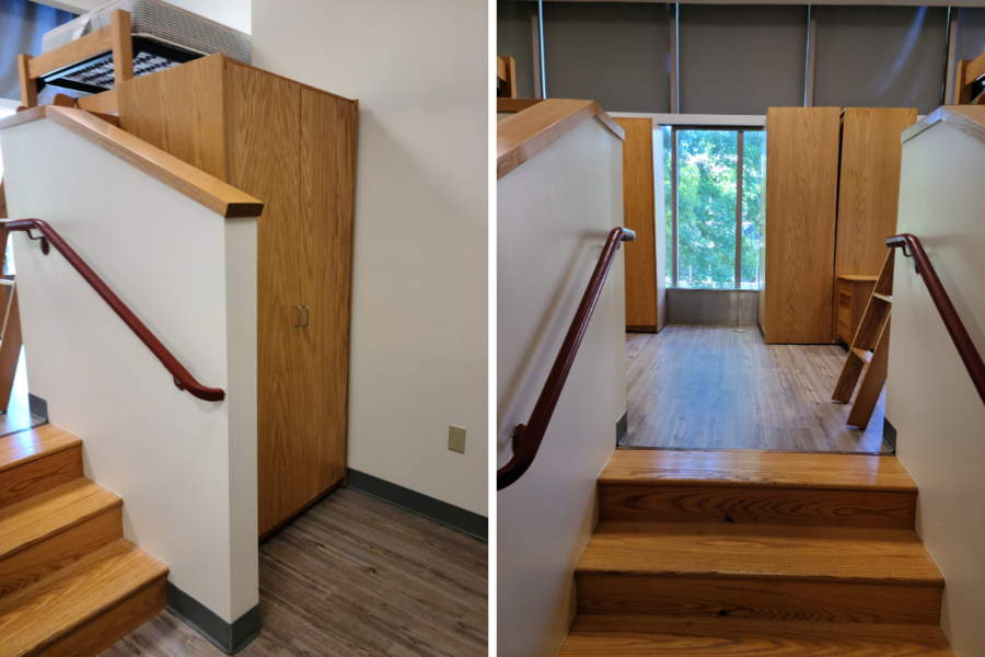 North Halls supplemental housing room, showing steps between two sections in room