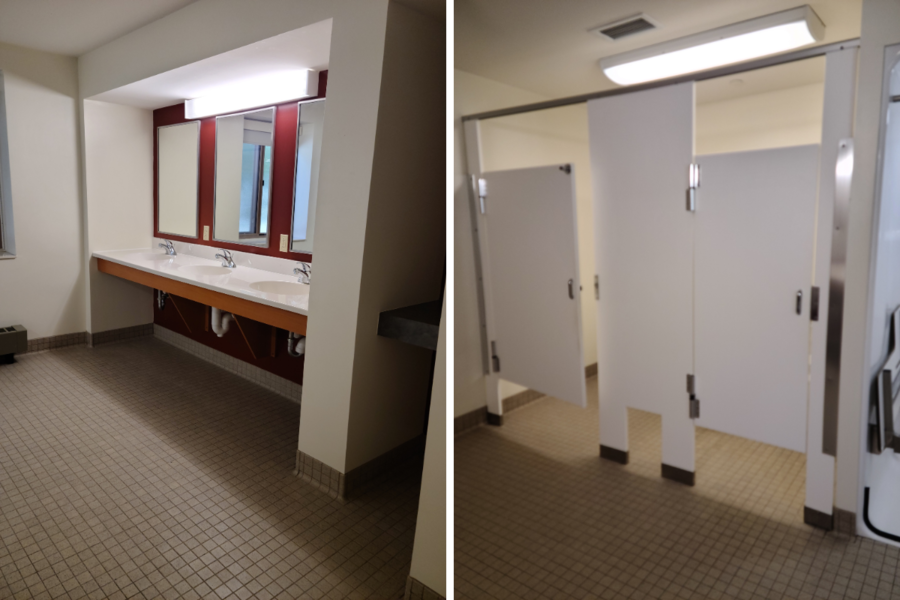 North Halls supplemental housing room, showing bathroom area with sinks and toilet stalls