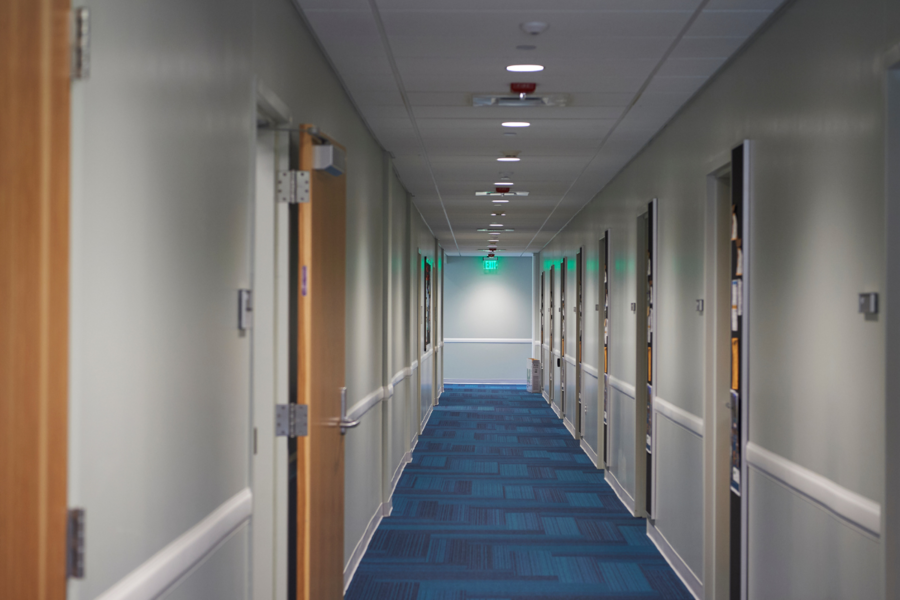 Robinson Hall looking down hallway with room doors on either side