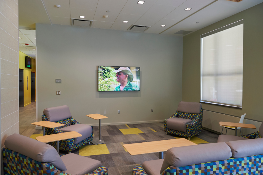 Robinson Hall living area with couches and TV