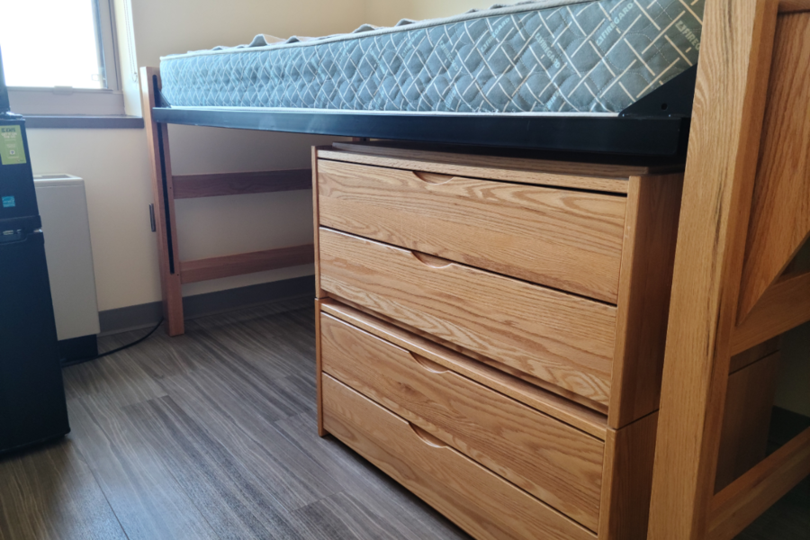 Robinson Hall room showing bed with dresser underneath