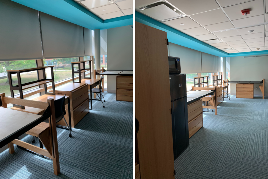 Robinson Hall supplemental housing room showing layout of beds and desks