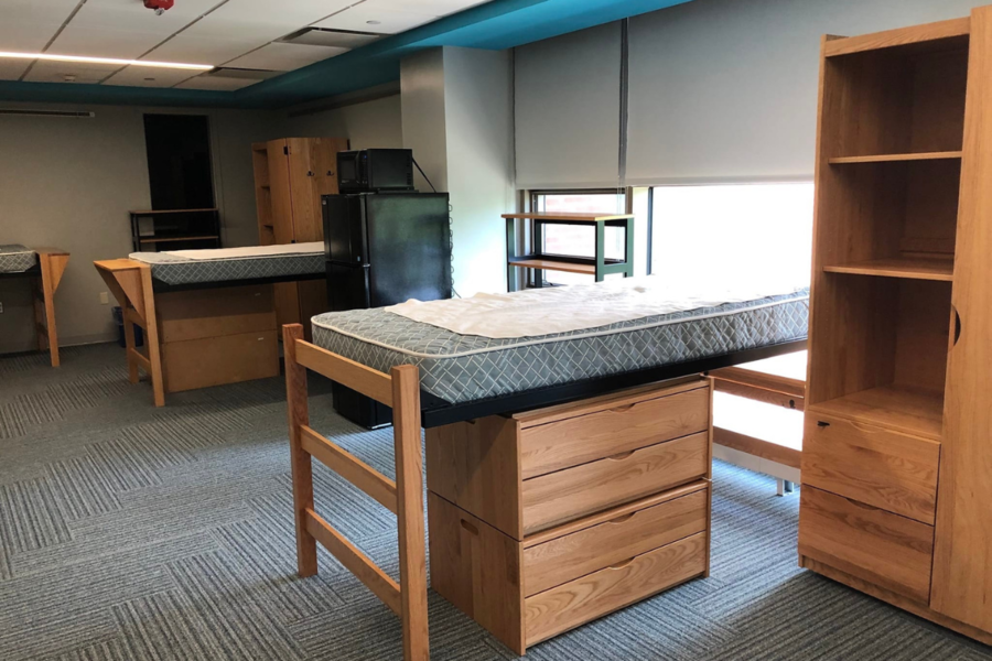 Robinson Hall supplemental housing room showing layout of beds and desks