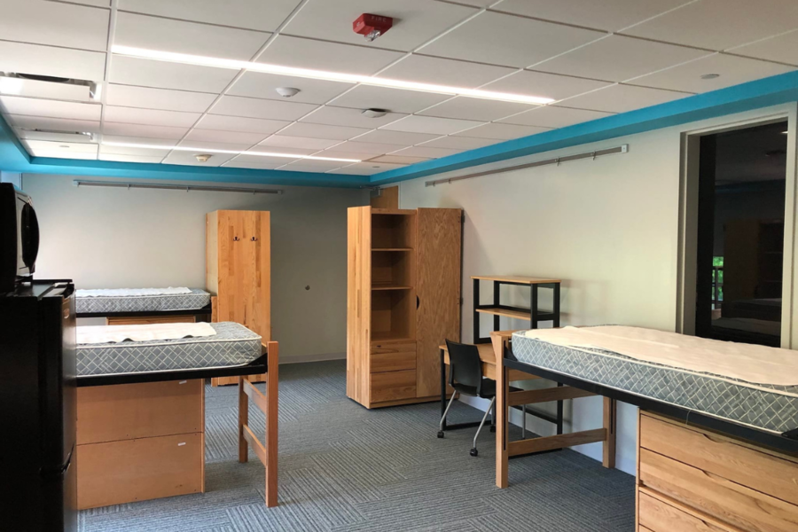 Robinson Hall supplemental housing room showing layout of beds and desks