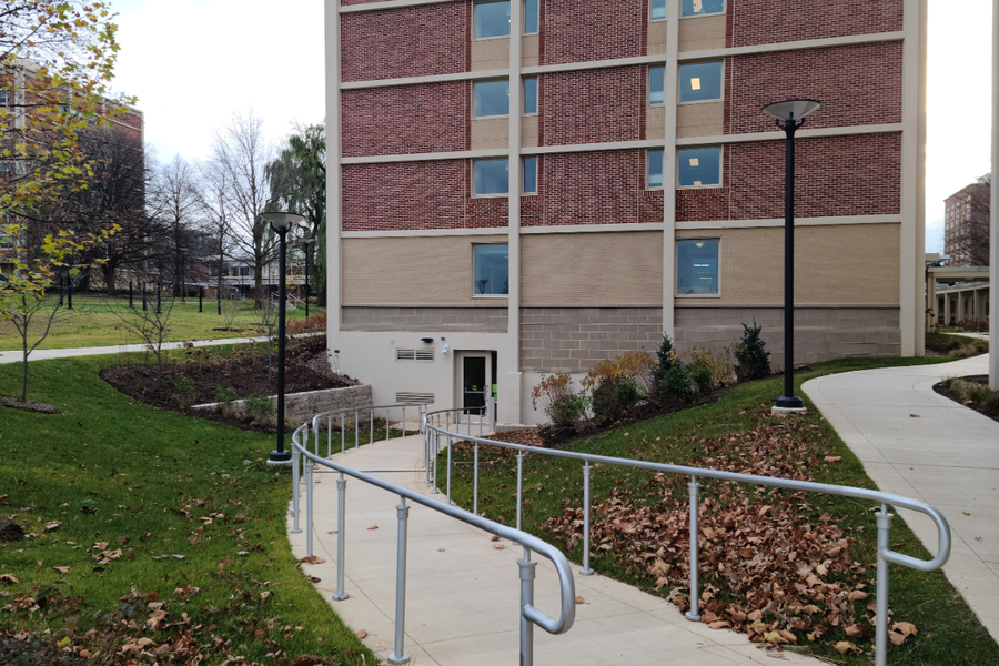 Stone Hall building exterior basement entry way