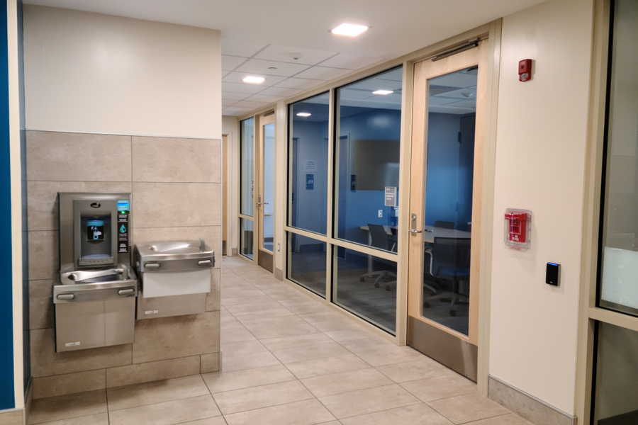 Stone Hall common area showing a water bottle filling station