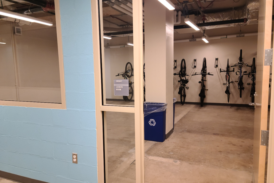 Stone Hall basement locker room showing bike storage