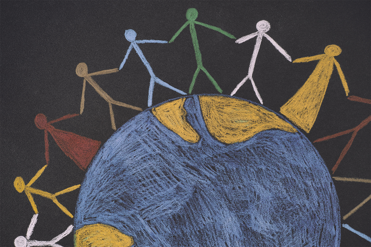 illustration of stick figures holding hands on globe