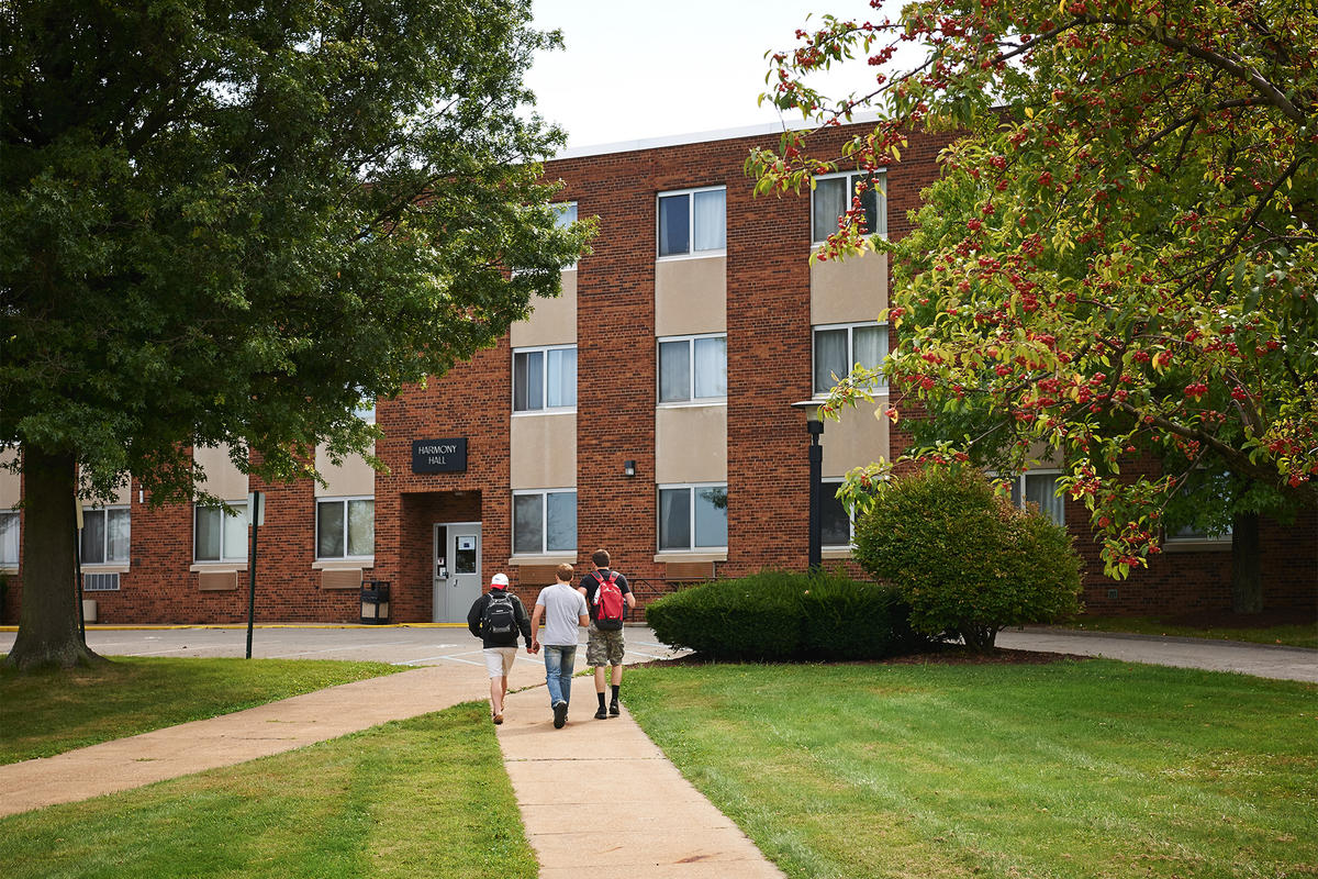 Exterior of harmony hall with green space