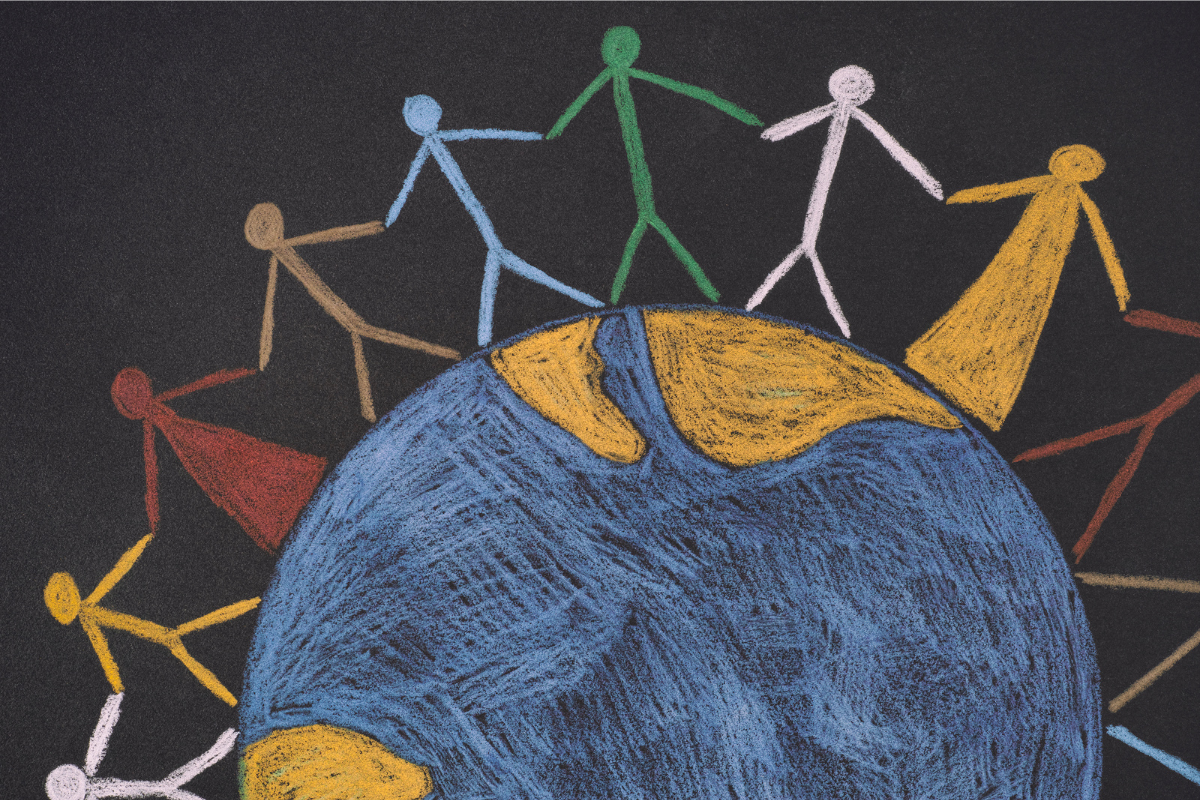 drawing of earth with stick figures holding hands standing on top