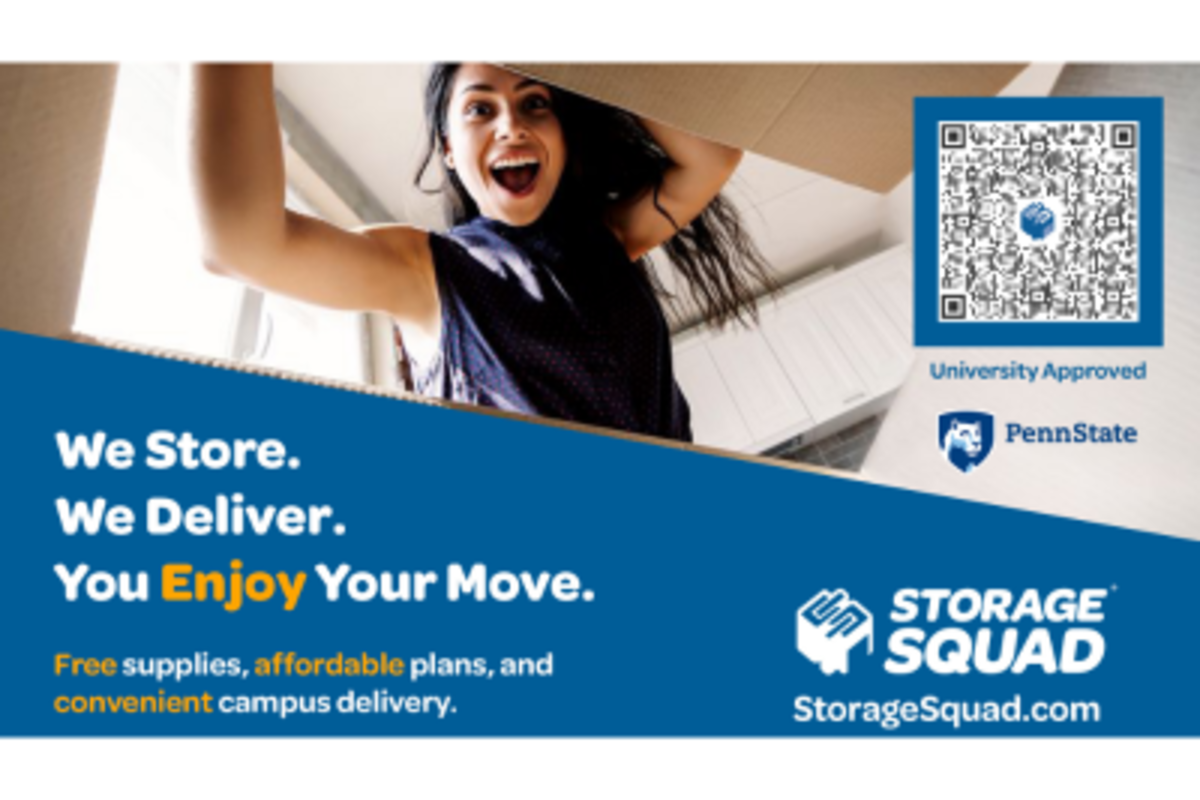 Storage Squad services ad showing girl opening a box. lists web address storage.squad.com for reference