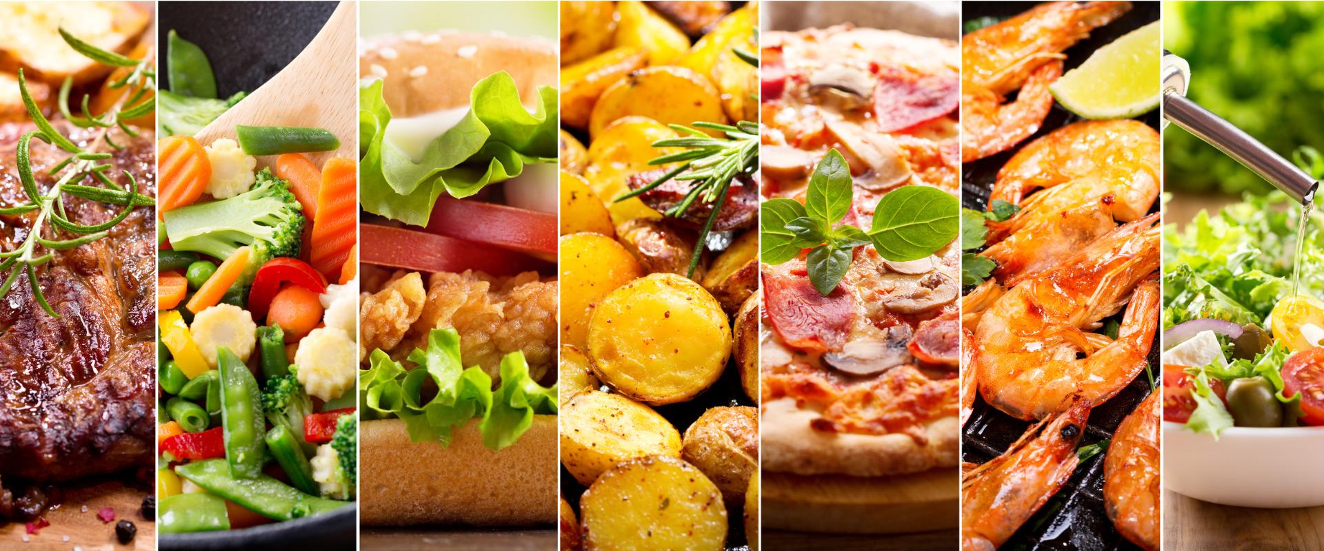 collage of menu items including shrimp, salad, and sandwiches