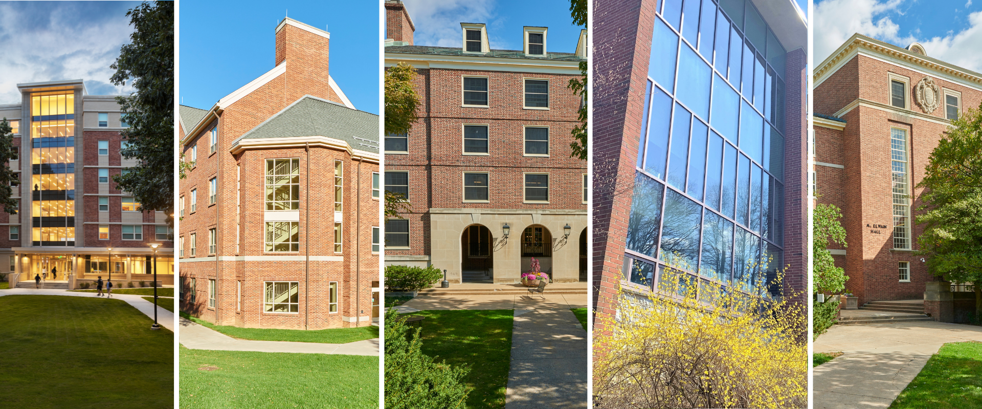 shows 5 different building exterior photos