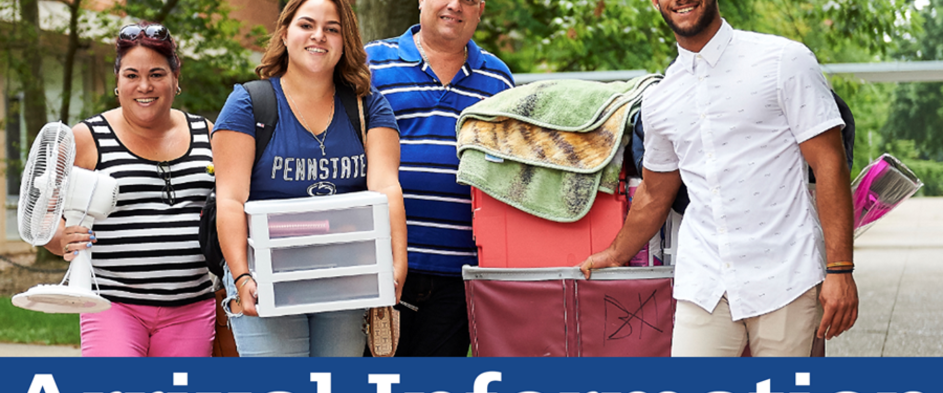 student with their parents carrying items into building