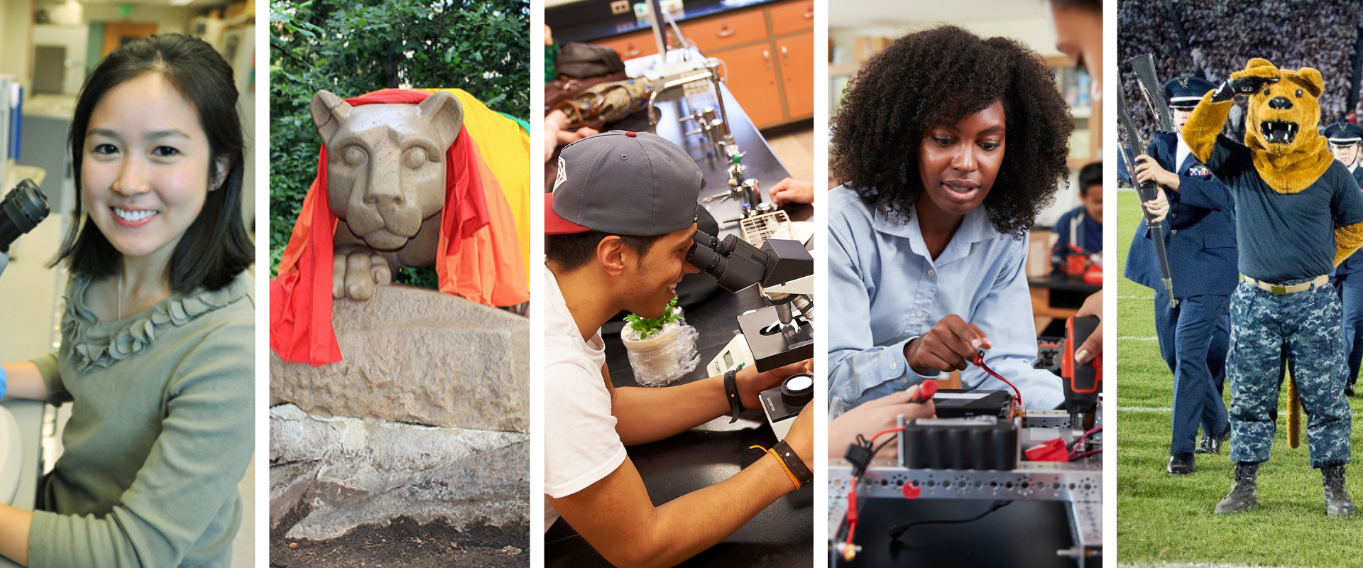 collage of 5 pictures showing activity that occurs with an LLC, such as a student using a microscope, standing guard to a flag, working on a project